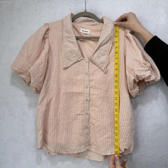&merci Shirt Womens Large Beige Puff Sleeve Button-Up Collared Basic Polyester - Picture 2 of 9